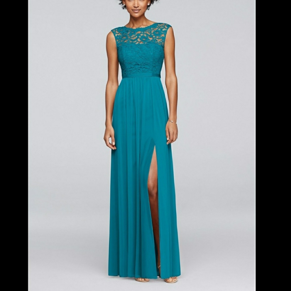 David's Bridal Lace Bridesmaid dress in Oasis